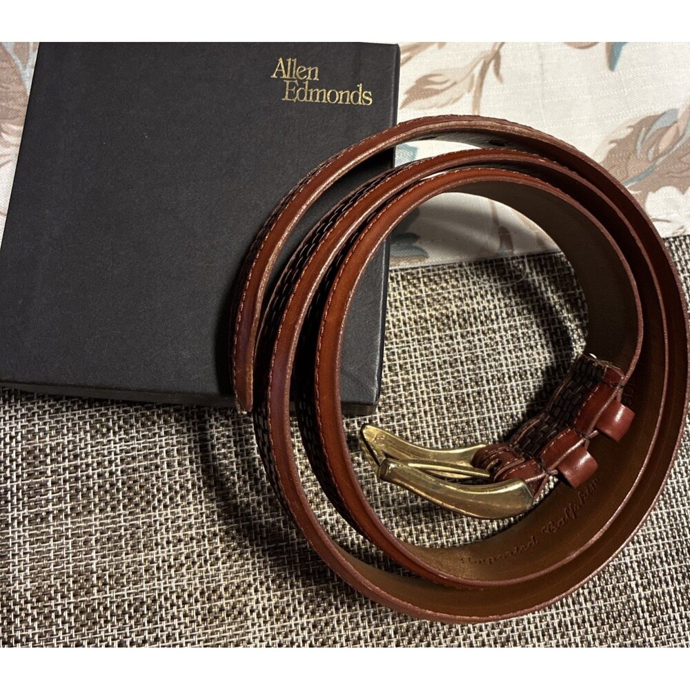 New Allen Edmonds 38 Belt Brown Basket Weaved Calfskin Leather Solid Brass - Picture 2 of 9